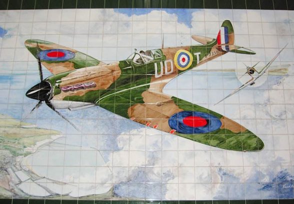 Kenneth Potts painted tile mural of a Spitfire in full flight, 1994