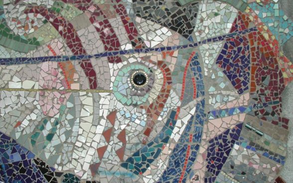 Close up shot of Islington Green School Mural, a semi abstract mosaic
