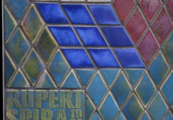Detail of ceramic tile on Rupert Spira's mural 100 New Bridge Street