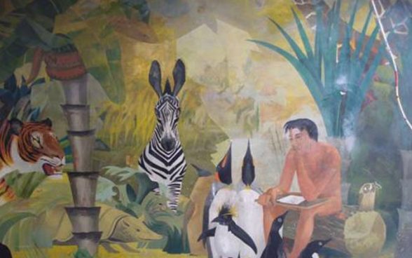 Close up image of the Barbara jones mural "Adam naming the animals" image includes zebra, penguin, tiger, and giraffe among others