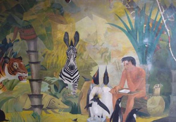 Close up image of the Barbara jones mural "Adam naming the animals" image includes zebra, penguin, tiger, and giraffe among others
