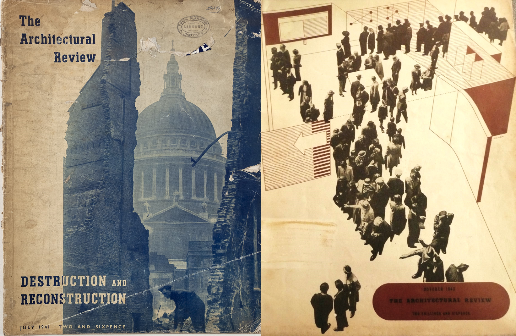 Images:

(Left) The Architectural Review, July 1941. Image courtesy of The Architectural Review and The Museum of Domestic Design and Architecture

(Right) Gordon Cullen, Rendering of the army exhibition, The Architectural Review, October 1943. Copyright: Gordon Cullen Estate. Image courtesy of the Museum of Domestic Design and Architecture. 