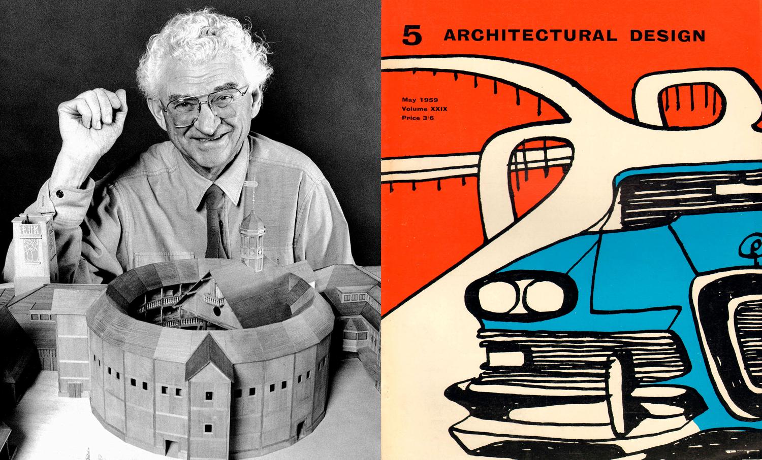 Theo Crosby with the model of the Globe theatre and one of the many covers he designed. Both the model and the covers are part of the exhibition. Image courtesy by Pentagram’s Osh Gallery.