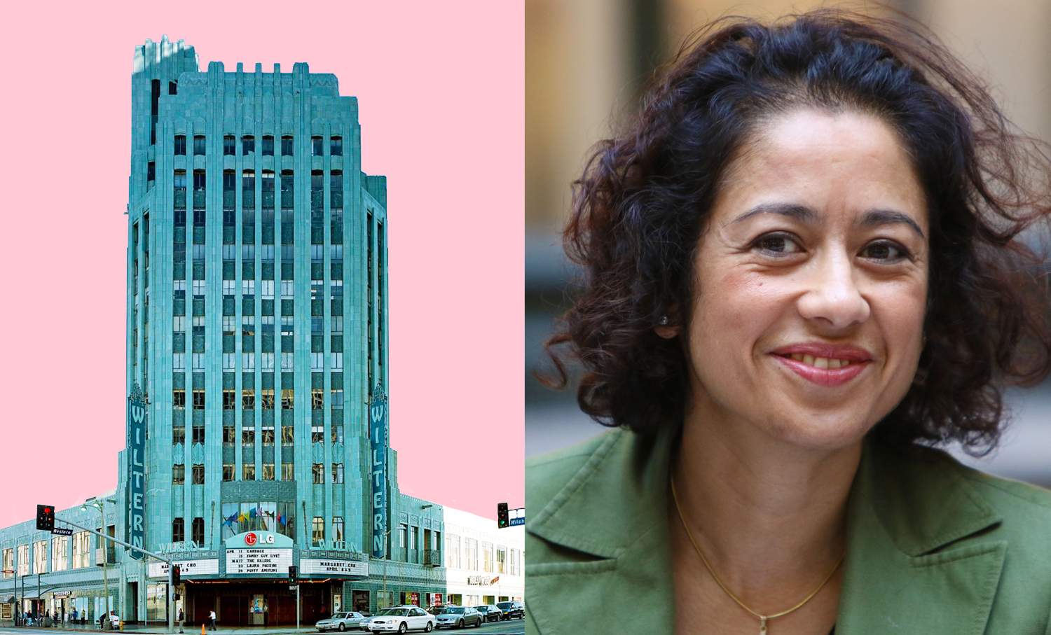 The Wiltern Theater in LA and Samira Ahmed. Courtesy of Carol M. Highsmith Archive and  Foreign and Commonwealth Office.