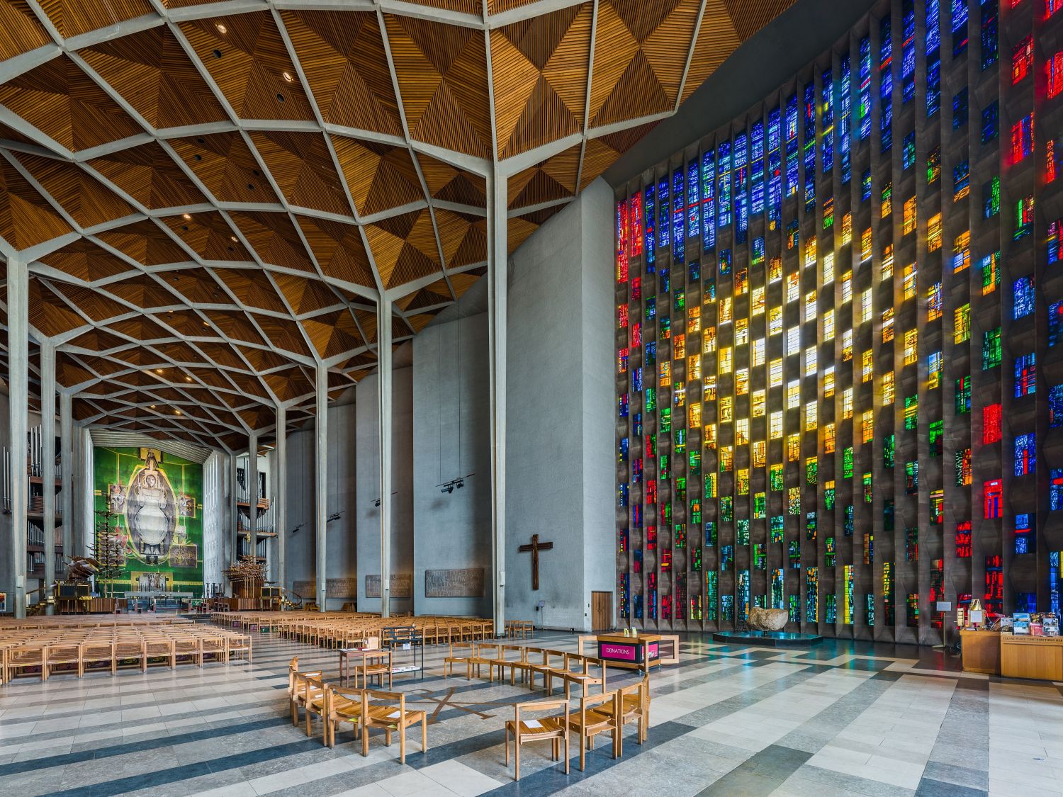 Interior of Coventry Cathedral, showing John Piper's baptistry window, 1955–1962. Photo by Diliff, CC BY-SA 3.0.