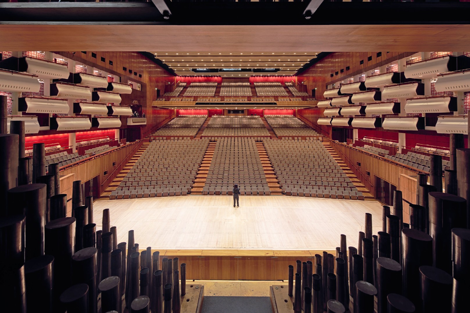 The stage and auditorium seem from the organ loft. Photography by Edmund Sumner from ‘Royal Festival Hall: A Living Icon’ (Merrell, 2026).