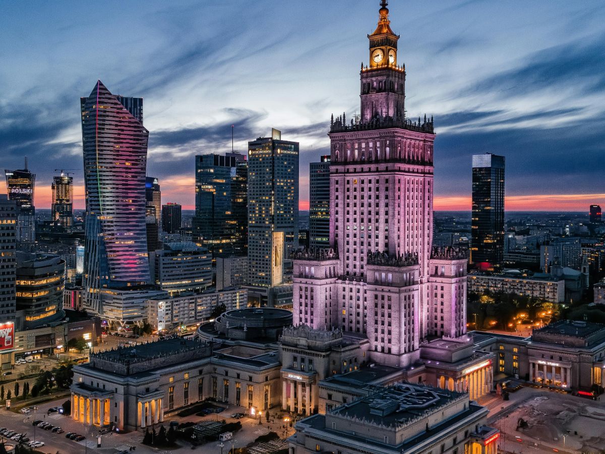 View of Warsaw featuring Palace of Culture and Learning (1955). Photo by Dora Pankonin (CC).