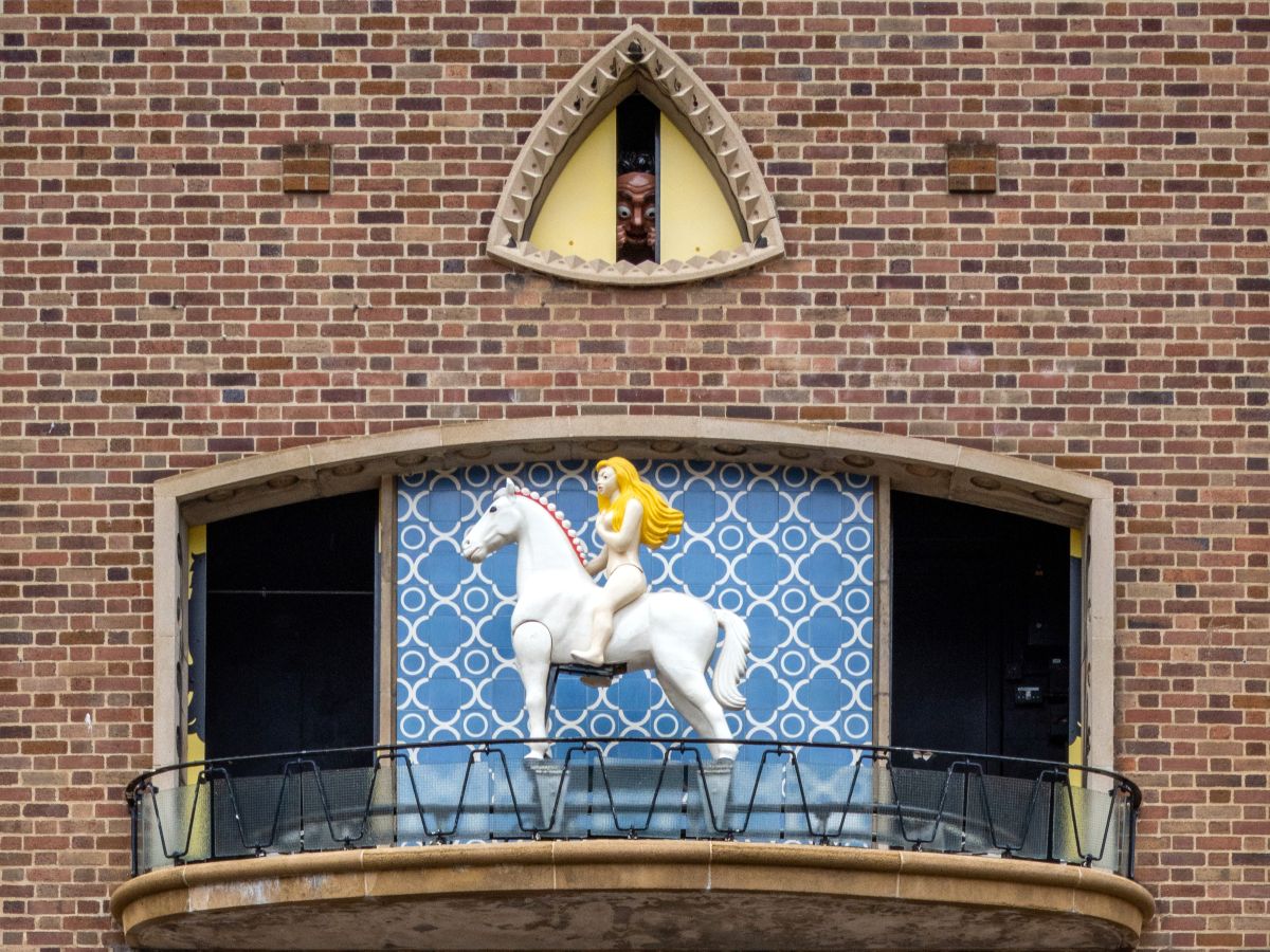 Coventry's Lady Godiva and Peeping Tom (1953, Trevor Tennant). The workings of the horse were damaged in the excitement of Coventry winning the F.A. Cup in 1987, but has been fixed since. Photo by John East.
