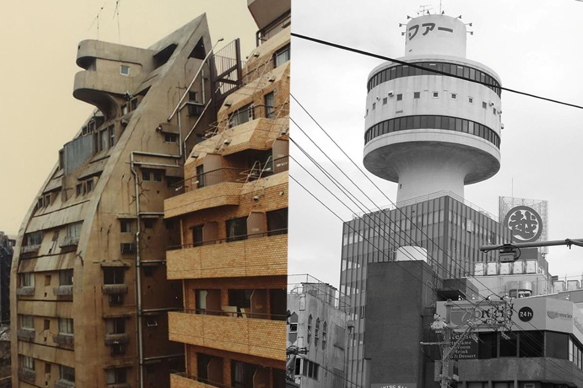 Left: Sky Building No. 5, aka the Godzilla Building, Youji Watanabe, Tokyo, 1971-Unknown; Takeshi Sato (Youji Watanabe Office). Right: Naha Tower Building, Nobuyoshi Kinjo + Gendai Sekkei Co., Ltd. Okinawa, 1973- 2014; Courtesy Ura-kun.