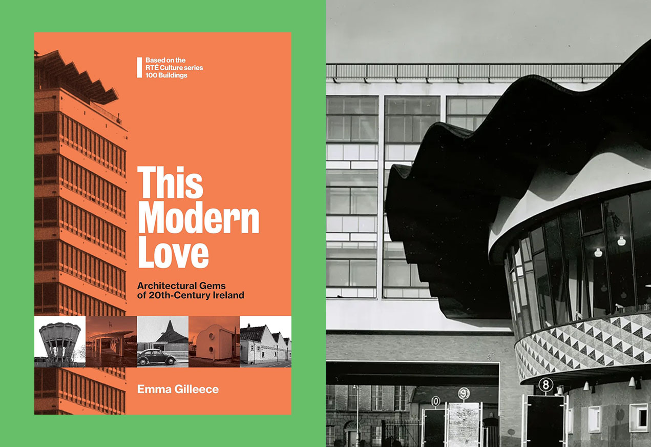 Cover of This Modern Love (New Island, 2026) and Busáras (1953) by Michael Scott. © De Burgh Galwey, Architectural Review
