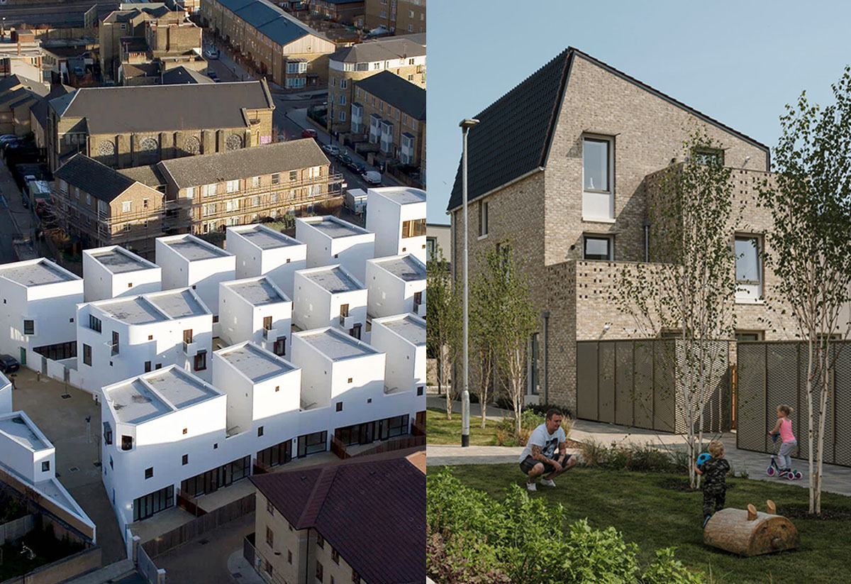Donnybrook Quarter (2006) by Peter Barber Architects and Goldsmith Street in Norwich (2019) by Mikhail Riches. Photos courtesy of Peter Barber Architects and Mikhail Riches.