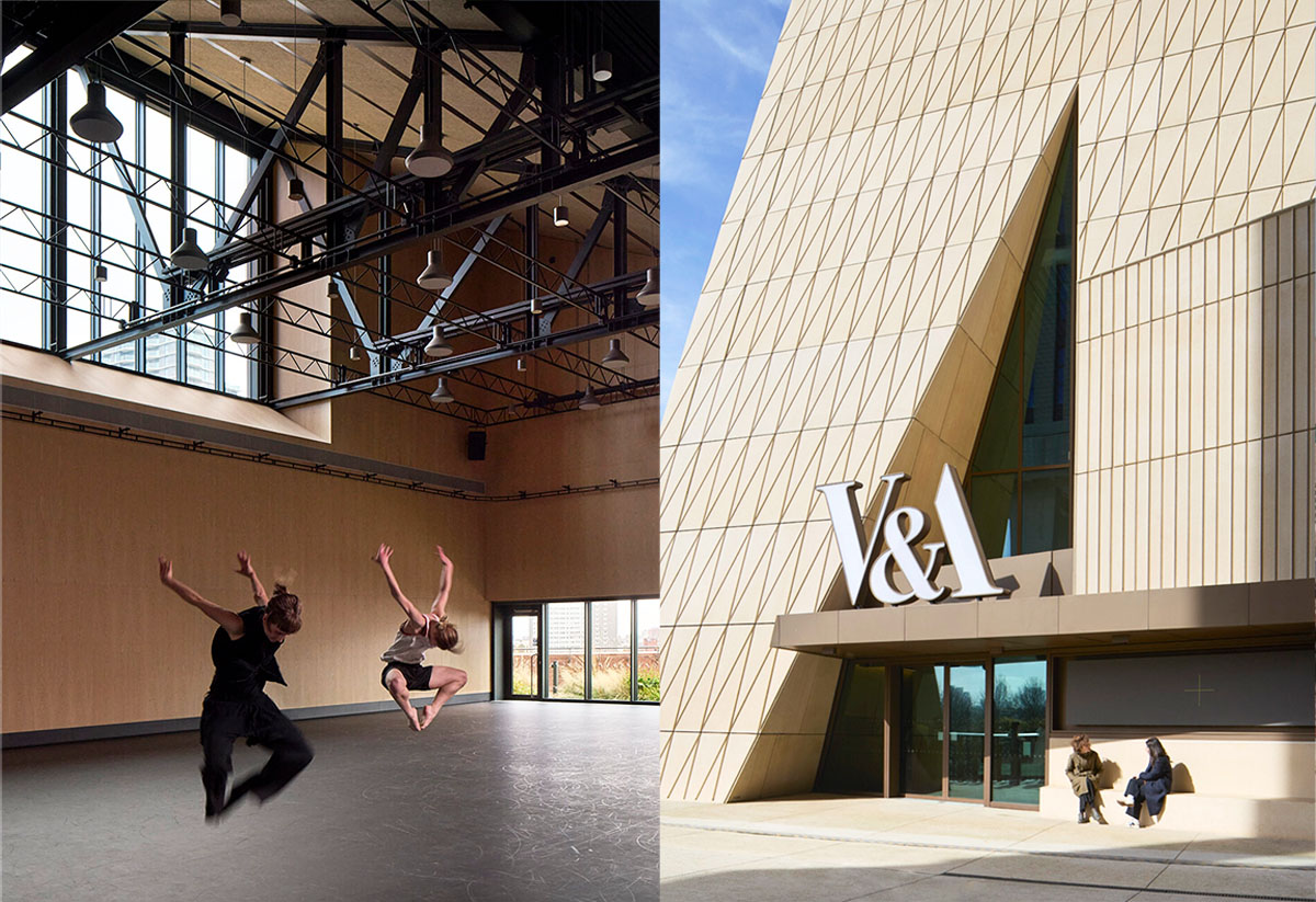Sadler's Wells East (2025) and V&A East Museum (2025) at Stratford Waterfront. Photos courtesy of Allies and Morrison and O'Donnel + Tuomey.
