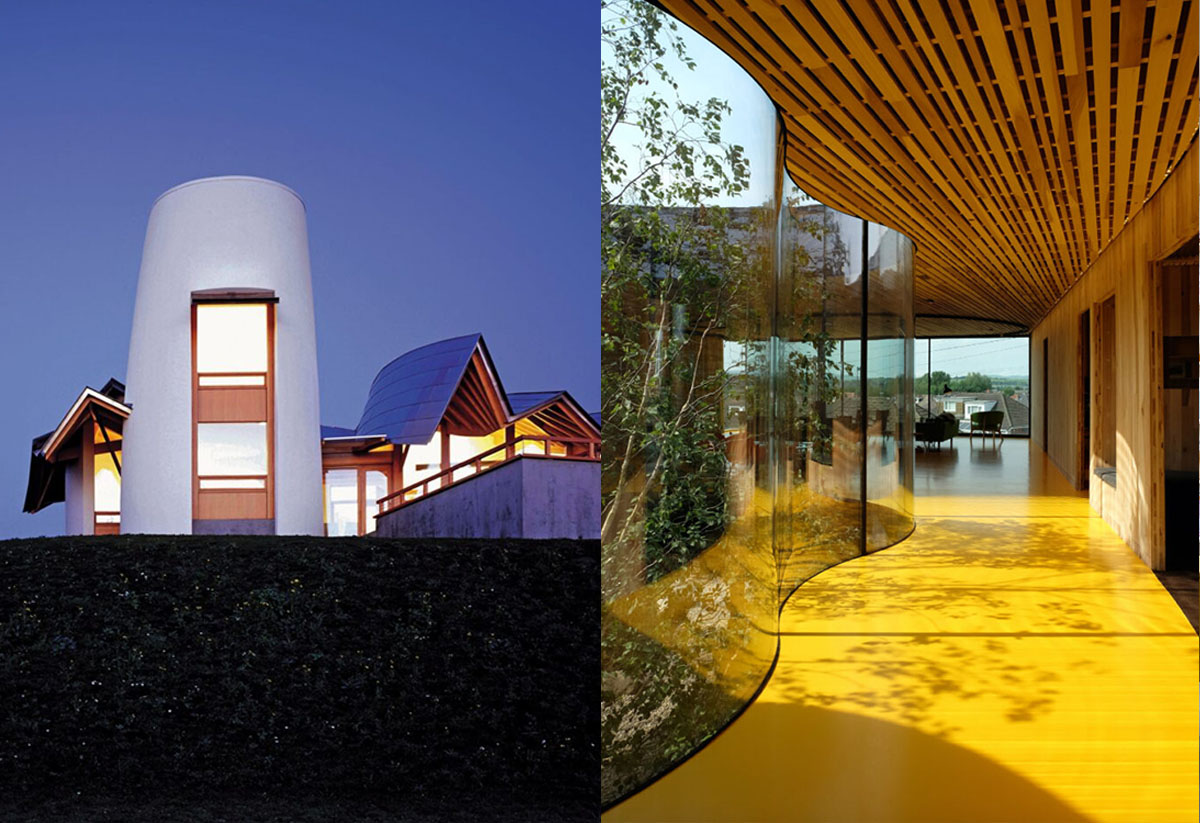 Maggie's in Dundee (2003) by Frank Gehry, photo by Colin Wishart. Maggie's in Oldham (2017) by dRMM, photo courtesy of the architects.
